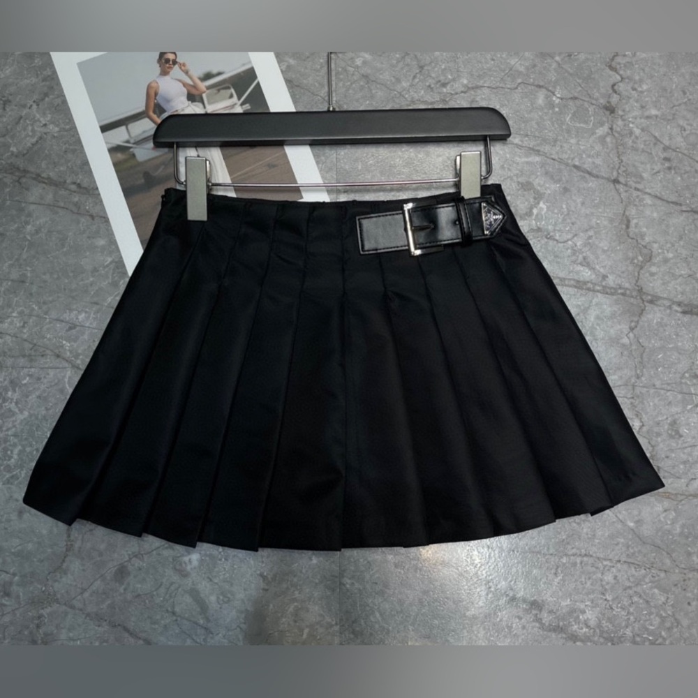 Prada Linea Rossa Black Pleated Mini Skirt with Buckle